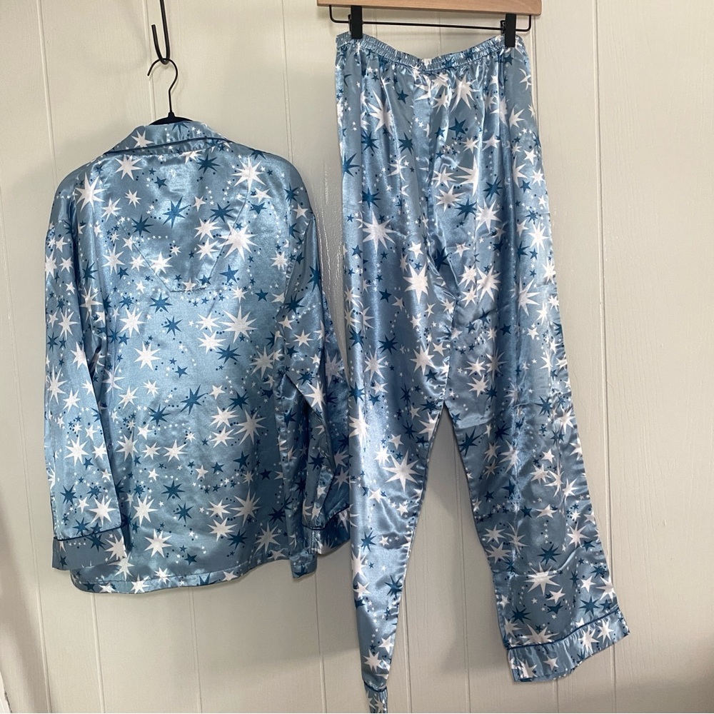 Linda Hartman Intimates Silk Blend Pajama Set Blue Stars Size Large - Picture 7 of 14
